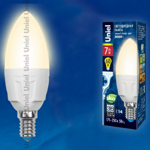 Лампа светодиодная LED-C37 7W/WW/E14/FR PLP01WH Свеча, матовая  Теплый белый свет 3000К Яркая