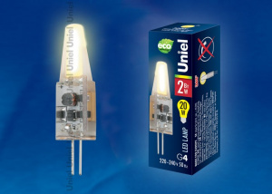 Лампа светодиодная LED-JC-220/2W/WW/G4/CL SIZ05TR с силиконовым покрытием. Цвет теплый белый