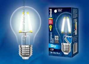 Лампа светодиодная LED-A60-8W/NW/E27/CL PLS02WH  прозрачная  Белый свет Sky
