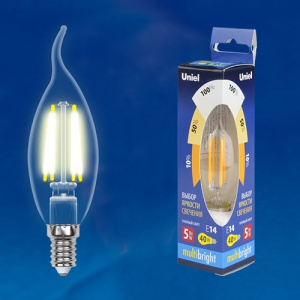 Лампа светодиодная LED-CW35-5W/WW/E14/CL/MB GLM10TR Свеча на ветру, прозрачная,Белый свет 100