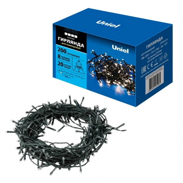 Гирлянда-нить ULD-S2000200/DGA 200LED белый ,20 м 8 режимов провод зеленый Uniel
