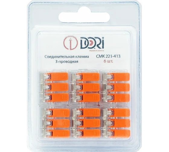 Соединительная клемма Dori (СМК 221-413) 3-х проводная, прозрачная 6шт в блистере 46202