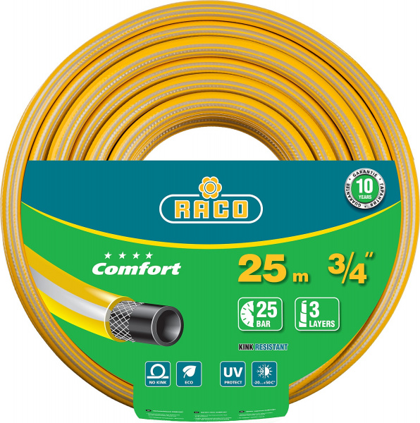 Шланг поливочный RACO COMFORT, 3/4″, 25 м, 25 атм, трёхслойный, армированный (40303-3/4-25)