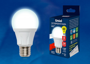 Лампа светодиодная LED-A60 8W/DW/E27/FR PLP01WH Форма «А», матовая.. Дневной свет 6500К Яркая 100