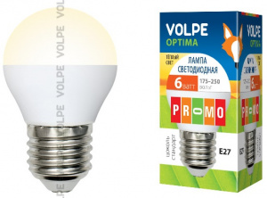 Лампа светодиодная LED-G45-6W/WW/E27/FR/O Шар, матовая колба. Корпус пластик Цвет теплый белый