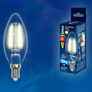 Лампа светодиодная LED-C35-6W/WW/E14/CL PLS02WH Свеча, прозрачная колба.Корпус пластик,цвет теплый б