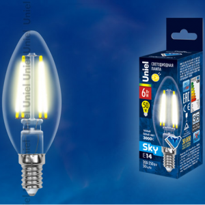 Лампа светодиодная LED-C35-6W/WW/E14/FR PLS02WH Свеча, матовая . Теплый белый свет Sky