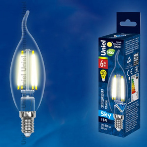 Лампа светодиодная LED-CW35-6W/WW/E14/CL PLS02WH Свеча на ветру, прозрачная . Теплый белый свет Sky