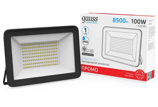 Прожектор св/д 100W(6600lm) Gauss Elementary IP65 6500K 6K 225x188x30 черный ПРОМО 613100100 № 90