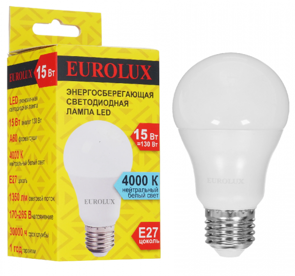 Лампа светодиодная LL-E-A60-15W-230-4K-E27 (груша, 15Вт, нейтр., Е27) Eurolux