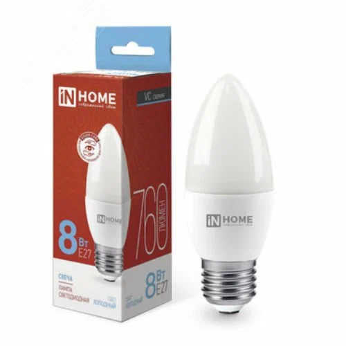 Лампа светодиодная LED-СВЕЧА-VC 8Вт 230В Е27 6500К 760Лм IN HOME 4690612024820 IN-HOME