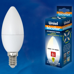 Лампа светодиодная LED-C37-6W/WW+NW/E14/FR PLB01WH Свеча матовая. Теплый белый свет Bicolor