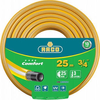 Шланг поливочный RACO COMFORT, 3/4″, 25 м, 25 атм, трёхслойный, армированный (40303-3/4-25)