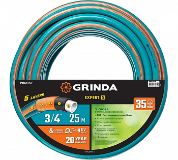 Шланг поливочный GRINDA EXPERT 5, 3/4" 25 м, 30 атм, пятислойный, текстильное армирование, PROLine 